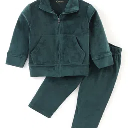 Kanvin Full Sleeves Velour Solid Colored Winter Wear Night Suit with Embroidery - Green-picture-26