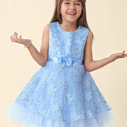 Babyhug  Sleeveless Fit &  Flare Floral Embroidered Party Frock with Applique - Aqua Blue-image-82