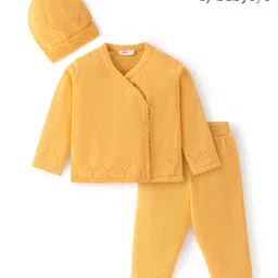 Babyoye Cotton Knit full Sleeves Front Open Solid Colour Sweater Set With Cap - Yellow-picture-25