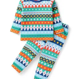 Babyhug Cotton Knit Full Sleeves Chevron Printed Night Suit - Turquoise Green & Orange-picture-19