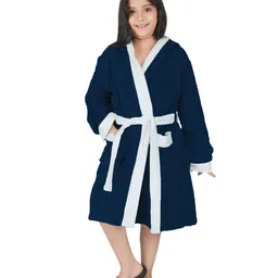 Rangoli 100% Cotton Terry Full Sleeves Solid With Attached Belt Ultra Soft Bath Robe - Navy Blue-image-20