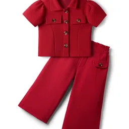 CrayonFlakes Knit Half Sleeves Textured Shirt & Palazzo Set - Red-picture-13