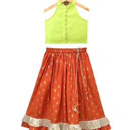 Twisha Chanderi Woven Sleeveless Solid Top With Lehenga - Limegreen & Orange-image-83