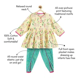 Campana 100% Cotton Full Sleeves Cows & Lotus Printed Kurta With Dhoti Pant Set - Off White & Green image 3