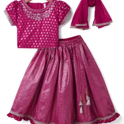 Babyhug Woven Half Sleeves Floral Embroidery Choli Lehenga Set & Dupatta WithChevron Design & Lace Detailing - Fuschia image 2