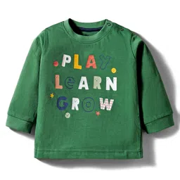 Zero Interlock Knit Full Sleeves T-Shirt & Joggers Set with Play Learn Grow Text Print - Green & White image 2