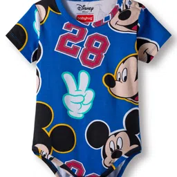 Babyhug Disney Interlock Knit Half Sleeves Onesie with Diaper Legging & Pony Cap Set with Mickey Mouse Print - Blue image 2