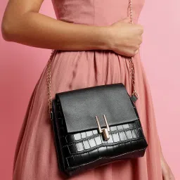 Haute Sauce Black Textured Vegan Leather Sling Bag image 3