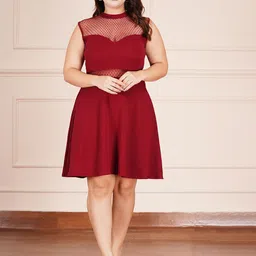 AMEEZA Women Plus Size Self Design High Neck Cotton Fit & Flare Dress-image-2