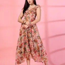 T TRYON ULTIMATE Floral Print Flared Sleeve Chiffon Fit & Flare Midi Dress-image-63