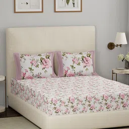 MASPAR Eclectic Garden White Floral Printed 210 TC Cotton Queen Bed Sheet & 2 Pillow Cover image 1