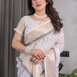 ALMAARI FASHION Ethnic Motifs Printed Pure Cotton Jamdani Saree And Unstitched Blouse image 2