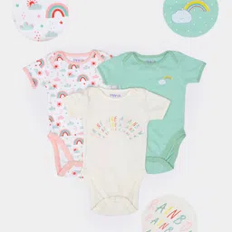 Mi Arcus Pack Of 3 Short Sleeves Rainbow & Polka Dot Print Detailing Onesies - White Pink Green-image-90