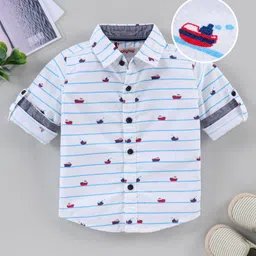 Babyhug Full Sleeves Stripe Shirt Ship Print - White-picture-11
