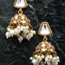 ZENEME Gold-Plated Kundan Studded & Artificial Beaded Dome Shaped Jhumkas-image-3