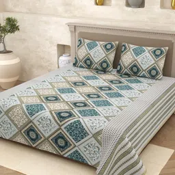 Varde White & Green Printed 210 TC Pure Cotton Queen Bedsheet with 2 Pillow Covers 2 x 2mt-picture-35