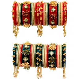 Zindura Set of 2 Gold-Plated Artificial Stone-Studded & Beaded Chuda Bangles With Hangings image 1