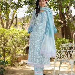 AARAAS Floral Embroidered Chanderi Silk Kurta with Trousers & Dupatta-image-17