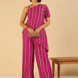 Vibes by Deebaco Fusion Bandhani Printed One Shoulder Tunic With Palazzos image 4