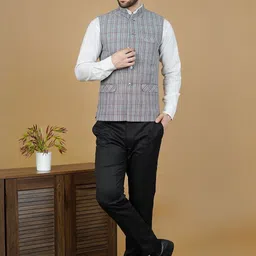Wintage Men Checked Sleeveless Terry Wool Nehru Jacket-picture-17