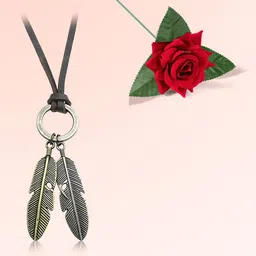 Peora Men Stainless Steel Silver-Plated Layered Feather Leather Chain With Red Rose-picture-33
