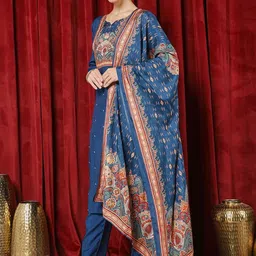 Meena Bazaar Women Ethnic Motifs Embroidered Round Neck Kurta with Trousers & Dupatta image 4