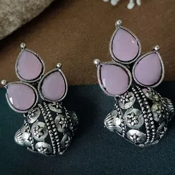 Sanjog German Silver Silver-Plated Stones Studded Teardrop Oxidised Drop Earrings image 4