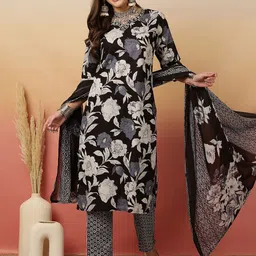 Sangria Floral Printed Adda Work Cotton Kurta With Trouser & Dupatta-image-53