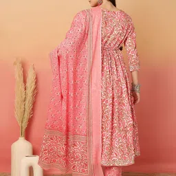 Sangria Women Floral Printed Cotton Kurta with Trousers & Dupatta image 3