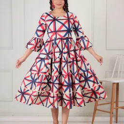 Aramya Geometric Printed Bell Sleeves Cotton A-Line Dress-image-16