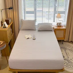 JC HOME Khaki & White Striped 220 TC King Bedsheet with 2 Pillow Covers image 3