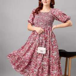 Raiyani Enterprise Women Floral Printed Puff Sleeve Midi Fit & Flare Dress-image-16