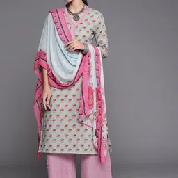 Biba Women Blue & Pink Ethnic Motifs Printed Pure Cotton Kurta with Palazzos & Dupatta-image-99