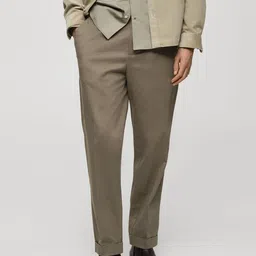 MANGO MAN Pleated Cuffed Hem Solid Trousers-picture-4