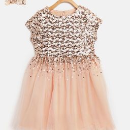 Cherry Crumble Girls Peach-Coloured Sequinned Fit & Flare Dress with Alligator Hairclips-picture-22