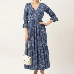 Jaipur Morni Blue Floral Print Bell Sleeve Pure Cotton Fit & Flare Maxi Dress image 5
