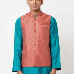 Fabindia Peach Comfort Fit Printed Nehru Jacket image 1