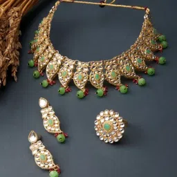 Zaveri Pearls Green & Pink Kundan Ethnic Choker Necklace Earring & Ring Set-ZPFK13204-picture-27