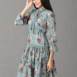 showoffff SHOWOFF Teal Blue Floral Print A-Line Dress image 3