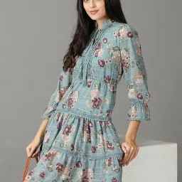 showoffff SHOWOFF Teal Blue Floral Print A-Line Dress image 4