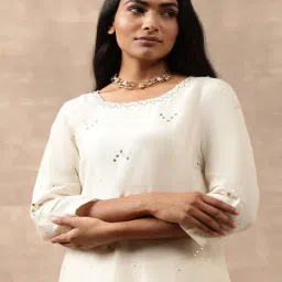 Folksong by W Off-White Cotton Embellished Straight Kurta image 4