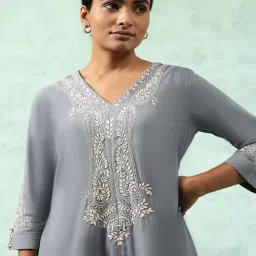 Folksong by W Grey Cotton Embroidered A Line Kurta image 4