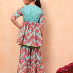 BIBA Girls Turquoise & Pink Embellished Kurta, Sharara with Dupatta image 2