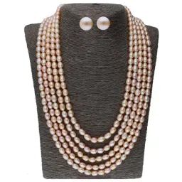 Sri Jagdamba Pearls 5 Line Peach Alloy Necklace Set-image-27