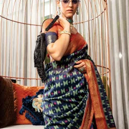 Satrani Navy Blue & Orange Cotton Silk Printed Saree With Unstitched Blouse image 2