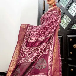 Satrani Wine Cotton Silk Printed Saree With Unstitched Blouse image 2