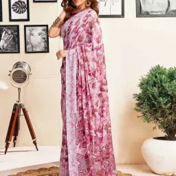Satrani Pink & White Printed Saree With Unstitched Blouse image 2