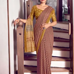 Satrani Brown & Cream Pure Cotton Printed Saree With Unstitched Blouse image 2