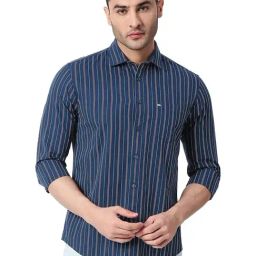 Basics Navy Cotton Slim Fit Striped Shirt-image-99