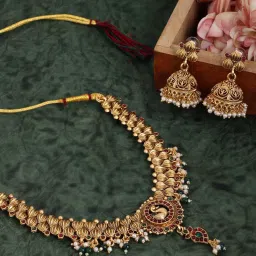 Panash Gold Plated Peacock Shaped Stone Studded & Beaded Jewellery Set image 2